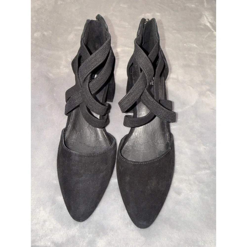 Eileen Fisher Black Suede Pointed Toe Elastic Strap Block Heel‎ Pumps Size 5 NEW